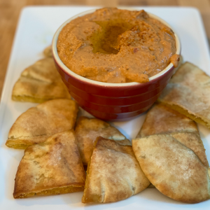 Roasted Red Pepper Hummus with Homemade Pita Chips